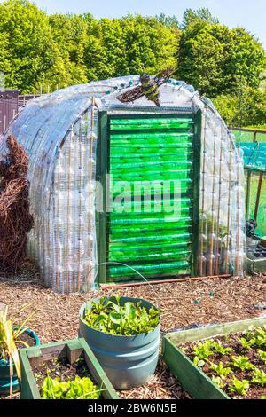 Greenhouse made from recycled plastic drinks bottles, Eglinton Allotments, Kilwinning, Ayrshire, Scotland, UK Stock Photo