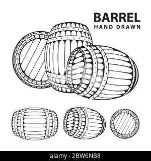 Barrel. Hand drawn barrel illustrations set in engraving style. Vintage whiskey, wine or beer barrel isolated on white background. Stock Vector
