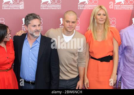 VENICE, ITALY - SEPTEMBER 03: Gregory Jacobs, Matt Damon and Gwyneth Paltrow  poses at the 'Contagion' photocall during the 68th Venice Film Festival Stock Photo