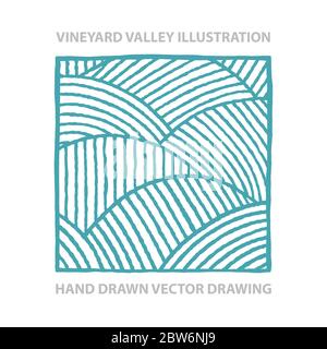 Valley abstract drawing. Vineyard and sunny valley hand drawn vector illustration. Nature and meadows engraving style graphic. Part of set. Stock Vector