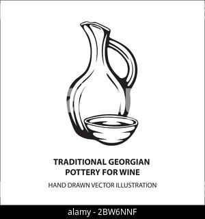 Traditional Georgian pottery for wine. Doqi and piala. Ancient Georgian handmade clay vessels for wine. Wine theme hand drawn vector illustration. Stock Vector