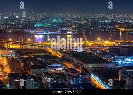 Osaka / Japan - November 10, 2017: Areal view of Osaka port area and Osaka night cityscape, view from Cosmo Tower in Osaka, Japan Stock Photo