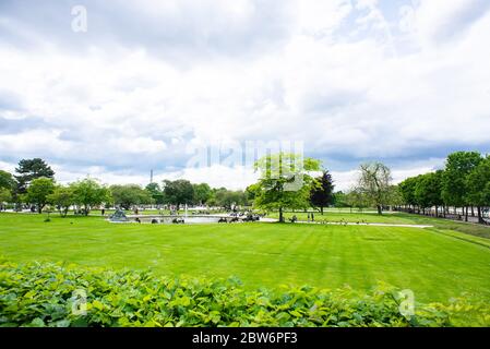 Paris. France - May 18, 2019: Tuileries Gardens in Paris. Cloudy Sky. Rainy Weather. Stock Photo