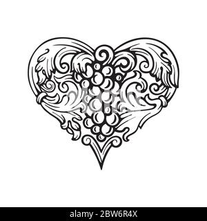 Grape and vine ornament. Heart shaped grape and vine vintage style vector illustration. Part of set. Stock Vector