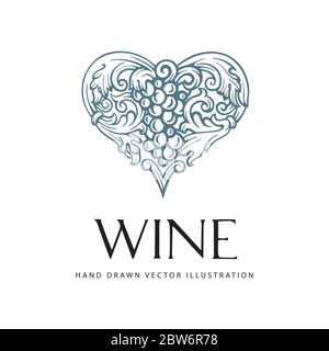 Grape and vine. Heart shaped grape and vine ornament with decorative hand lettering Wine. Wine lovers concept vector illustration. Part of set. Stock Vector