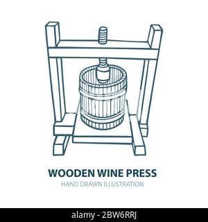 Wine press. Hand drawn wooden wine press vector illustration. Grape press sketch drawings set. Wine making theme concept design. Part of set. Stock Vector