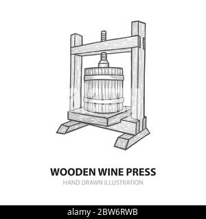 Wine press. Hand drawn wooden wine press vector illustration. Grape press sketch drawings set. Wine making theme concept design. Part of set. Stock Vector