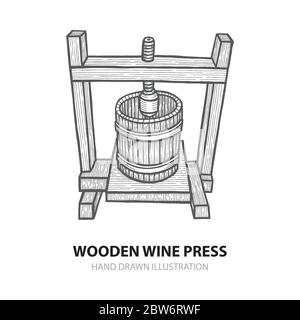 Wine press. Hand drawn wooden wine press vector illustration. Grape press sketch drawings set. Wine making theme concept design. Part of set. Stock Vector