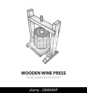 Wine press. Hand drawn wooden wine press vector illustration. Grape press sketch drawings set. Wine making theme concept design. Part of set. Stock Vector