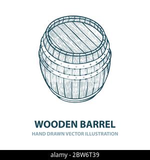Barrel. Hand drawn wooden barrel vector illustration in engraving style. Vintage whiskey, wine or beer barrel.  Part of set. Stock Vector