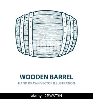 Barrel. Hand drawn wooden barrel vector illustration in engraving style. Vintage whiskey, wine or beer barrel.  Part of set. Stock Vector