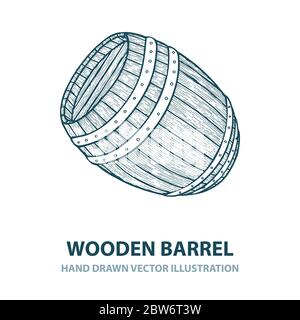 Barrel. Hand drawn wooden barrel vector illustration in engraving style. Vintage whiskey, wine or beer barrel.  Part of set. Stock Vector