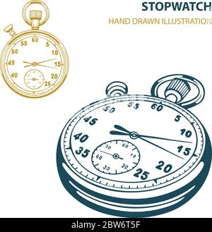 Stopwatch. Stopwatch hand drawn vector illustration isolated on white background. Stopwatch sketch drawing. Part of set. Stock Vector