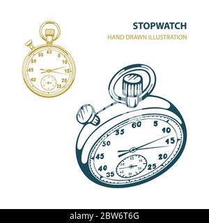 Stopwatch. Stopwatch hand drawn vector illustration isolated on white background. Stopwatch sketch drawing. Part of set. Stock Vector