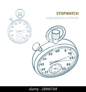 Stopwatch. Stopwatch hand drawn vector illustration isolated on white background. Stopwatch sketch drawing. Part of set. Stock Vector