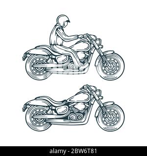 Motorcycle and motorcyclist hand drawn vector illustrations set. Motorbike sketch drawing isolated on a white background. Vintage chopper motorcycle. Stock Vector