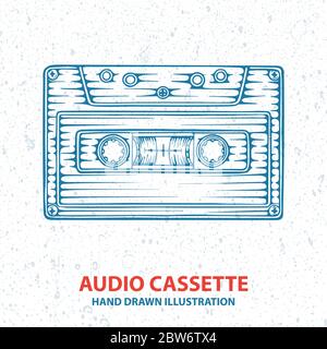 Audio tape cassette. Hand drawn vintage cassette illustration. Tape cassette sketch drawing. Retro music concept. Stock Vector