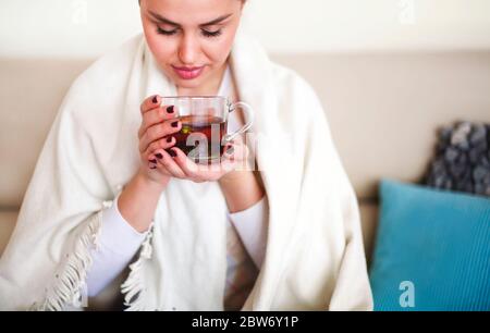 High angle of crop female in casual outfit holding glass cup with aromatic herbal tea while relaxing at home Stock Photo