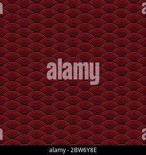 Wave red pattern. Seamless sea pattern, abstract asian background. Fish print with circle Stock Vector