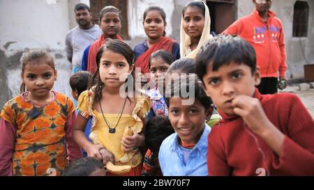 Agra, India - December 12, 2018: Children from poor areas of the city of Agra. Stock Photo