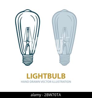 Lightbulb. Lightbulbs hand drawn vector illustrations set. Vintage lightbulb sketch drawing. Part of set. Stock Vector