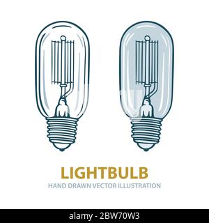 Lightbulb. Lightbulbs hand drawn vector illustrations set. Vintage lightbulb sketch drawing. Part of set. Stock Vector