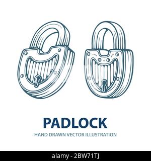 Padlock. Hand drawn padlocks vector illustrations set. Retro style padlock sketch drawing. Part of set. Stock Vector