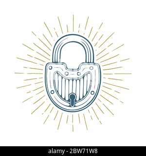 Padlock. Hand drawn padlock with rays vector illustration. Glowing retro style padlock sketch drawing. Part of set. Stock Vector