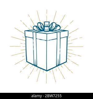 Gift Box. Hand drawn vector gift box with light rays. Gift box with shine sketch drawing. Part of set. Stock Vector