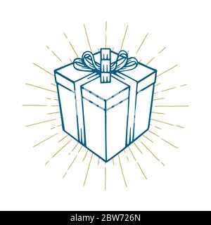 Gift Box. Hand drawn vector gift box with light rays. Gift box with shine sketch drawing. Part of set. Stock Vector