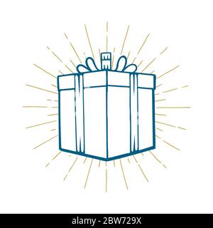 Gift Box. Hand drawn vector gift box with light rays. Gift box with shine sketch drawing. Part of set. Stock Vector