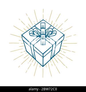 Gift Box. Hand drawn vector gift box with light rays. Gift box with shine sketch drawing. Part of set. Stock Vector