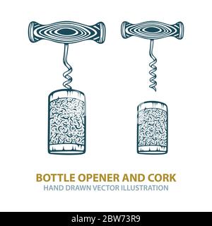 Corkscrew and cork hand drawn vector illustration. Opener for wine bottle and cork sketch drawing. Part of set. Stock Vector