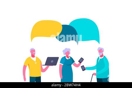 People older discuss online chat speech bubble. Two elderly men and woman with smartphone laptop discussing. Stock Vector