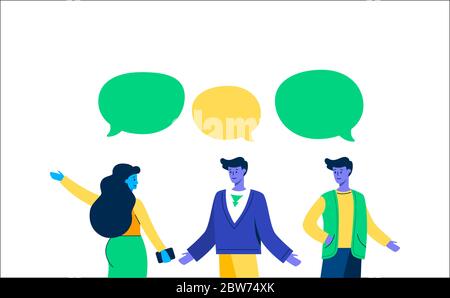 Girl communicates with guys speech bubble. Young attractive woman laying her hand to side talking with two familiar guys. Stock Vector