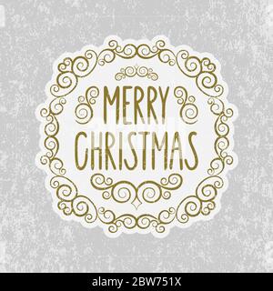 Christmas vintage style greeting with round floral ornament and text Merry Christmas on old paper background. Part of set. Stock Vector