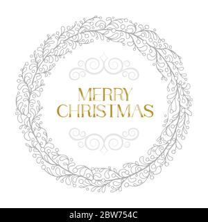 Floral wreath with Merry Christmas text. Christmas holidays greeting card hand drawn vector illustration.  Part of set. Stock Vector