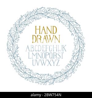 Floral wreath and alphabet. Hand drawn laurel wreath and hand written lettering vector illustration. Botanical floral wreath with leaves. Stock Vector