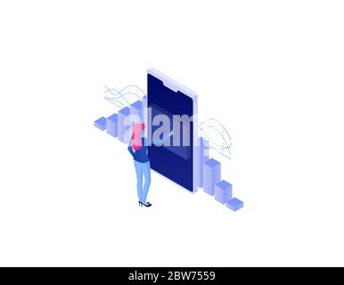 Analytics concept web isometric. Online technology analytical strategy seo date wave chart. Stock Vector