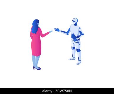Communication web with chat bot isometric concept. Dialogue online women with artificial intelligence. Stock Vector