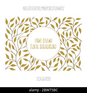 Floral background. Invitation design template with hand drawn floral background and handwritten alphabet. Vintage floral pattern sketch drawing. Stock Vector