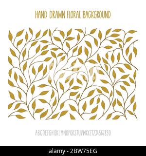 Floral background. Invitation design template with hand drawn floral background and handwritten alphabet. Vintage floral pattern sketch drawing. Stock Vector