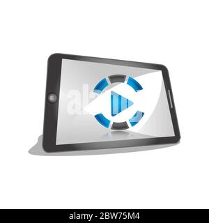 Illustration design click play the video here vector thumbnail for opening video background. Video conference and webinar icon, internet and video ser Stock Vector