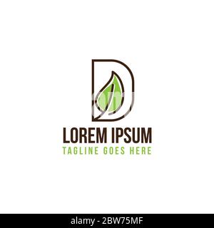 Green leaf in simple design and outline style inside letter D. Flat and fresh design leaf for element design. Vector illustration EPS.8 EPS.10 Stock Vector