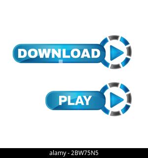 A blue download and play button on white background. A shiny button with a download and play symbol. Vector illustration EPS.8 EPS.10 Stock Vector