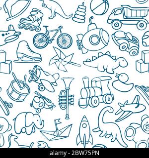 Toys hand drawn seamless pattern. Toys endless sketch drawing texture. Childish background. Part of set. Stock Vector