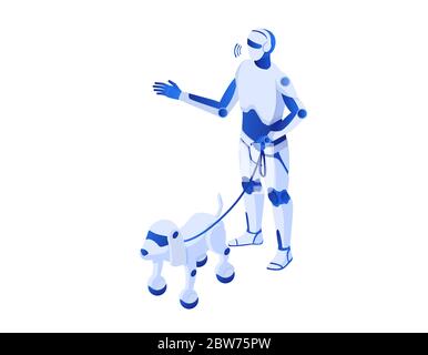 Robot walks robops isometric.. Robotic illustration humanoid white cyborg robopes help technologies future. Stock Vector
