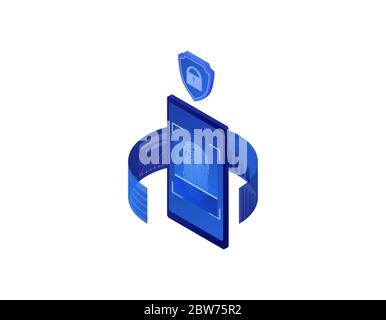 Finger scanner, biometric protection isometric. Personal Internet data security confidential protection. Stock Vector