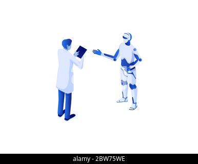 Web communication with scientific chat bot isometric concept. Online dialogue scientist with artificial intelligence. Stock Vector