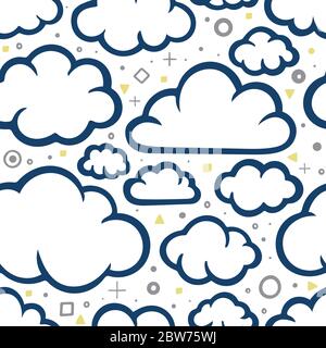 Clouds seamless pattern. Hand drawn clouds endless background. Clouds sketch drawing texture. Cartoon style doodle clouds pattern. Stock Vector